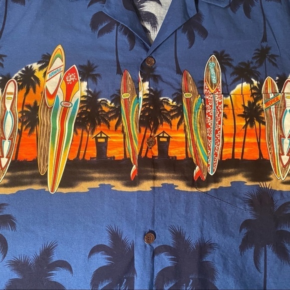 RJC blue Hawaiian surf palm tree short sleeve button down shirt chest pocket - Picture 3 of 4